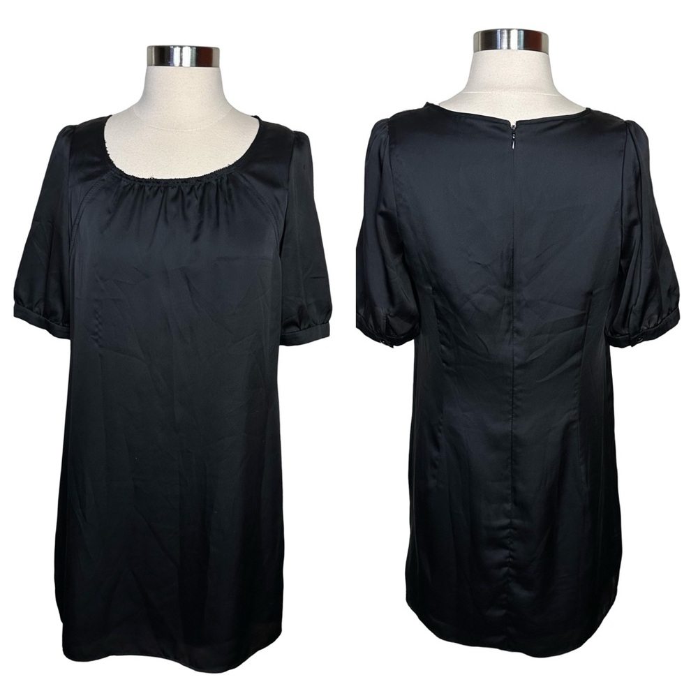 Arnaldo Bassini Black Satin Short Sleeve Scoop Neck Mini Little Black Dress M